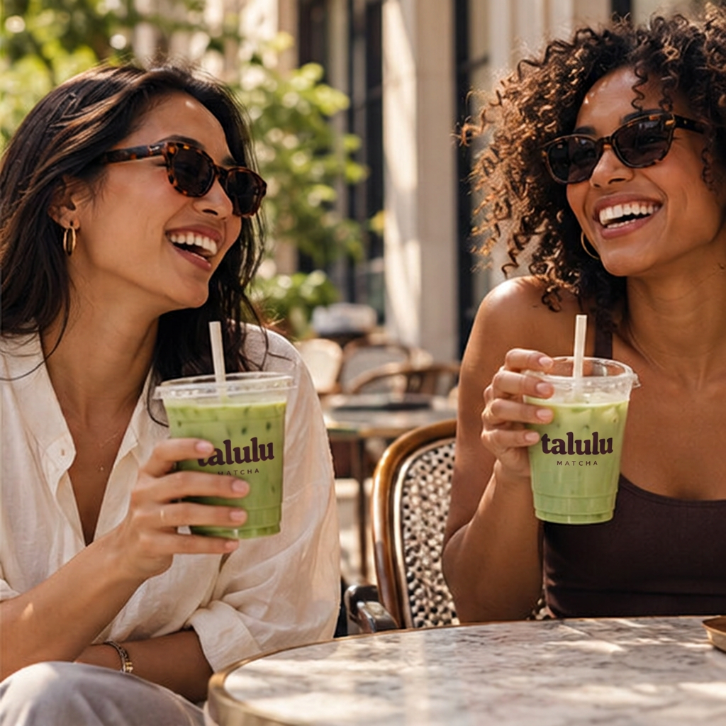 Two friends laughing over iced Talulu matcha lattes
